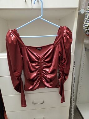 Express Burgundy Ruched Puff-Sleeve Blouse